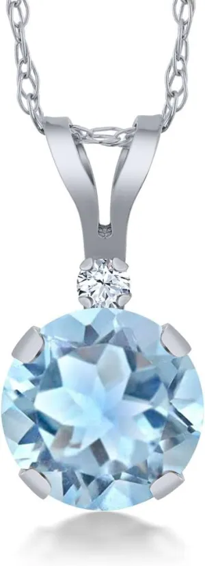 Gem Stone King 0.92 Ct Round Sky Blue Topaz White Created Sapphire 14K White Gold Pendant