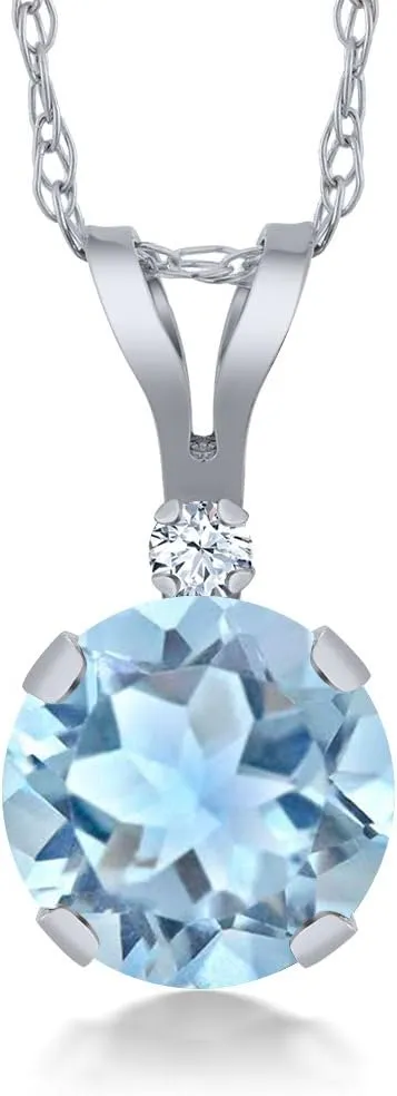 Gem Stone King 0.92 Ct Round Sky Blue Topaz White Created Sapphire 14K White Gold Pendant