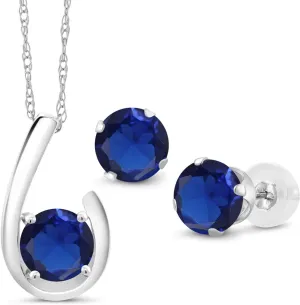 Gem Stone King 10K White Gold Blue Created Sapphire Pendant Earrings Jewelry Set For Women | 3.00 Cttw | Gemstone September Birthstone | Round 6MM | with 18 Inch Chain