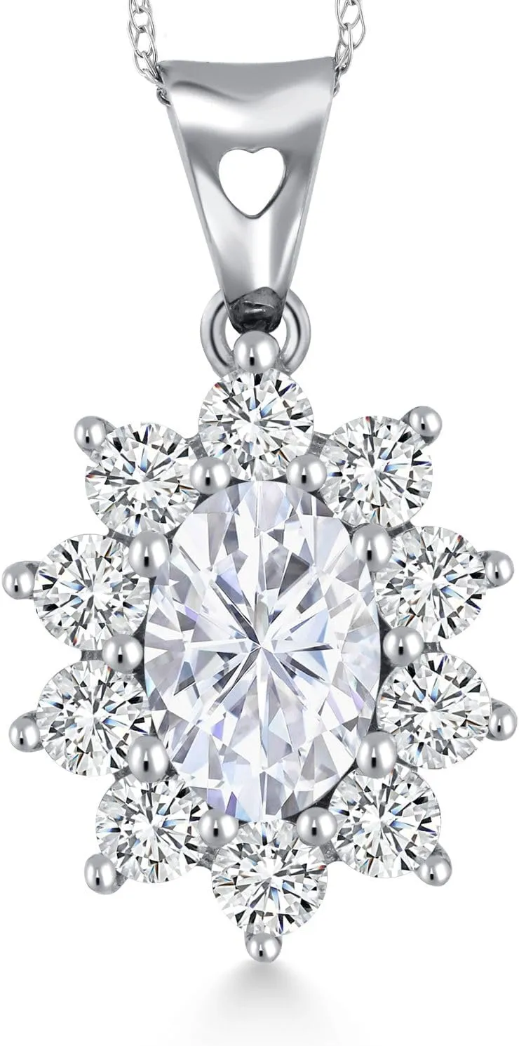 Gem Stone King 10K White Gold Build your Own Personalized 7X5MM Oval Gemstone Birthstone and White Created Sapphire Pendant Necklace For Women with 18 Inch Chain