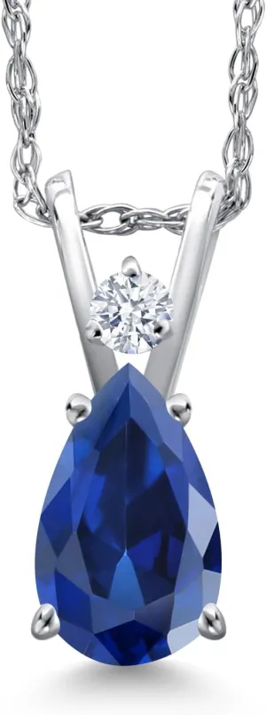 Gem Stone King 14K White Gold Blue Created Sapphire and White Zirconia Pendant Necklace for Women | 1.03 Cttw | Gemstone September Birthstone | Pear Shape 7X5MM | With 18 Inch Chain