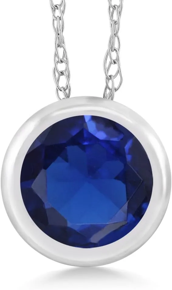 Gem Stone King 14K White Gold Blue Created Sapphire Pendant Necklace For Women (0.55 Cttw, Gemstone September Birthstone, Round 5MM, with 18 Inch Chain)