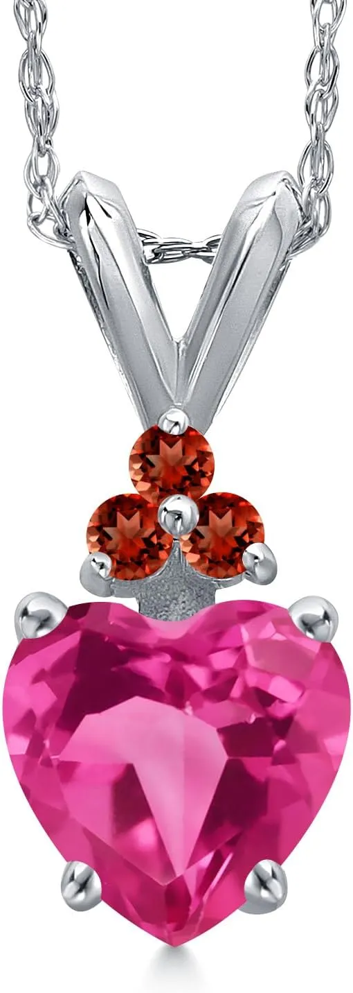 Gem Stone King 14K White Gold Pink Created Sapphire and Red Garnet Pendant Necklace for Women | 0.83 Cttw | Gemstone September Birthstone | Heart Shape 6MM | With 18 Inch Chain