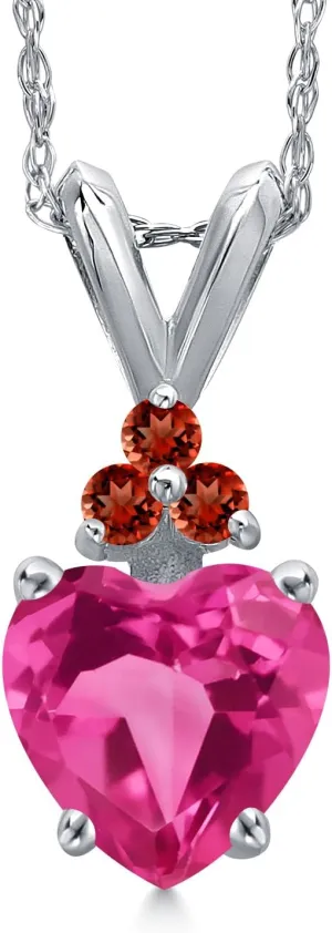 Gem Stone King 14K White Gold Pink Created Sapphire and Red Garnet Pendant Necklace for Women | 0.83 Cttw | Gemstone September Birthstone | Heart Shape 6MM | With 18 Inch Chain