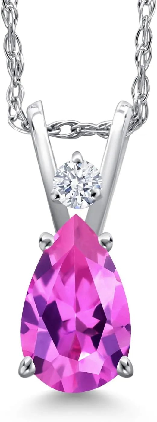 Gem Stone King 14K White Gold Pink Created Sapphire and White Zirconia Pendant Necklace for Women | 1.03 Cttw | Gemstone September Birthstone | Pear Shape 7X5MM | With 18 Inch Chain