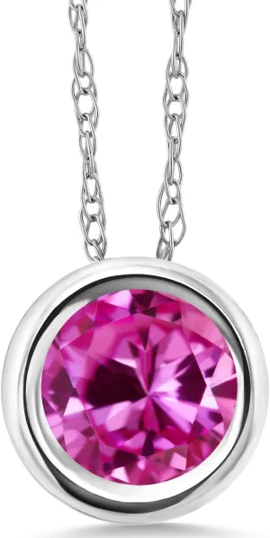 Gem Stone King 14K White Gold Pink Created Sapphire Pendant Necklace For Women (1.00 Cttw, Gemstone September Birthstone, Round 6MM, with 18 Inch Chain)