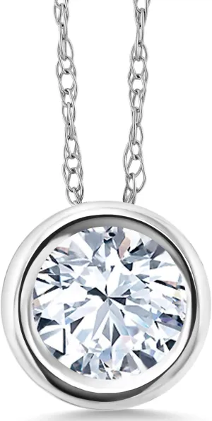 Gem Stone King 14K White Gold White Created Sapphire Pendant Necklace For Women (1.00 Cttw, Gemstone September Birthstone, Round 6MM, with 18 Inch Chain)