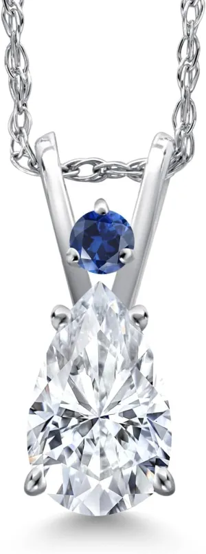 Gem Stone King 14K White Gold White Moissanite and Blue Created Sapphire Pendant Necklace for Women | 0.72 Cttw | Gemstone Birthstone | Pear Shape 7X5MM | With 18 Inch Chain