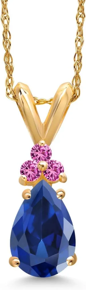 Gem Stone King 14K Yellow Gold Blue Created Sapphire and Pink Created Sapphire Pendant Necklace for Women | 1.17 Cttw | Gemstone September Birthstone | Pear Shape 8X5MM | With 18 Inch Chain