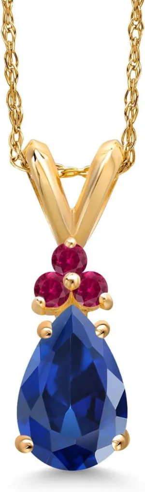 Gem Stone King 14K Yellow Gold Blue Created Sapphire and Red Created Ruby Pendant Necklace for Women | 1.17 Cttw | Gemstone September Birthstone | Pear Shape 8X5MM | With 18 Inch Chain