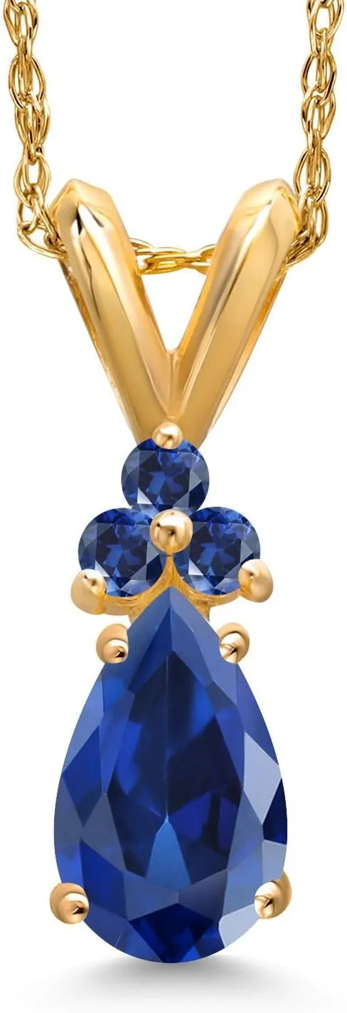 Gem Stone King 14K Yellow Gold Blue Created Sapphire Pendant Necklace for Women | 1.06 Cttw | Gemstone September Birthstone | Pear Shape 7X5MM | With 18 Inch Chain