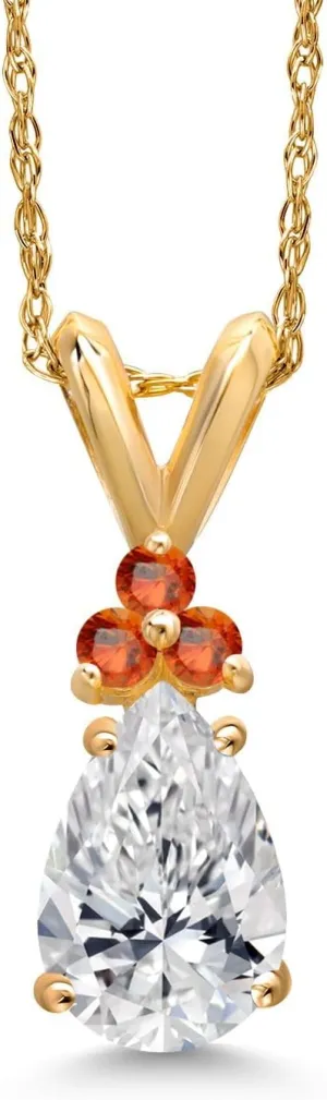 Gem Stone King 14K Yellow Gold DEF Lab Grown Diamond and Orange Sapphire Pendant Necklace for Women | 0.79 Cttw | Gemstone April Birthstone | Pear Shape 8X5MM | With 18 Inch Chain