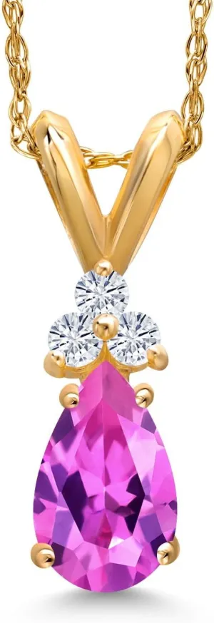 Gem Stone King 14K Yellow Gold Pink Created Sapphire and White Moissanite Pendant Necklace for Women | 1.06 Cttw | Gemstone September Birthstone | Pear Shape 7X5MM | With 18 Inch Chain