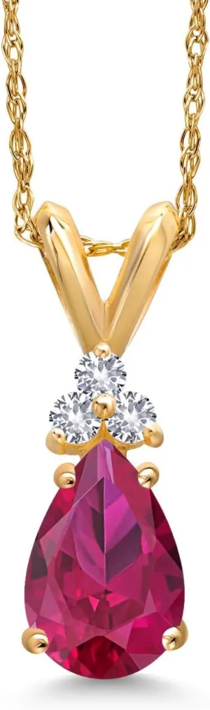 Gem Stone King 14K Yellow Gold Red Created Ruby and White Created Sapphire Pendant Necklace for Women | 1.14 Cttw | Gemstone July Birthstone | Pear Shape 8X5MM | With 18 Inch Chain