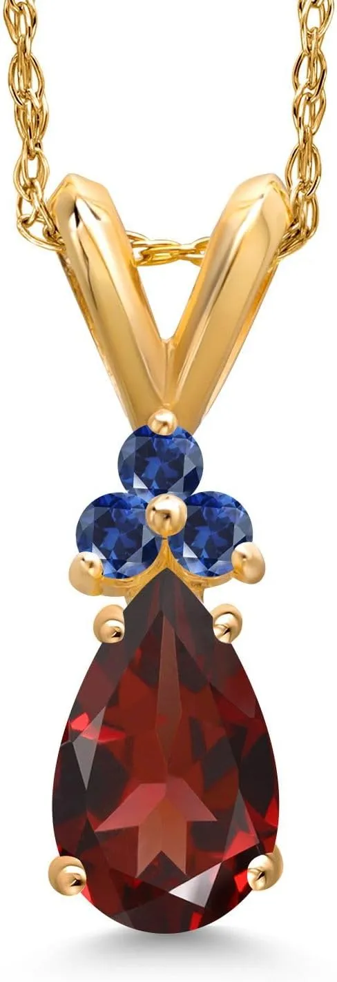 Gem Stone King 14K Yellow Gold Red Garnet and Blue Created Sapphire Pendant Necklace for Women | 0.83 Cttw | Gemstone January Birthstone | Pear Shape 7X5MM | With 18 Inch Chain