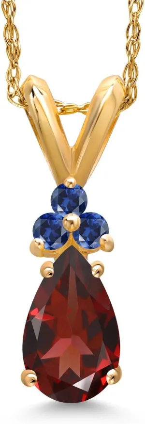 Gem Stone King 14K Yellow Gold Red Garnet and Blue Created Sapphire Pendant Necklace for Women | 0.83 Cttw | Gemstone January Birthstone | Pear Shape 7X5MM | With 18 Inch Chain