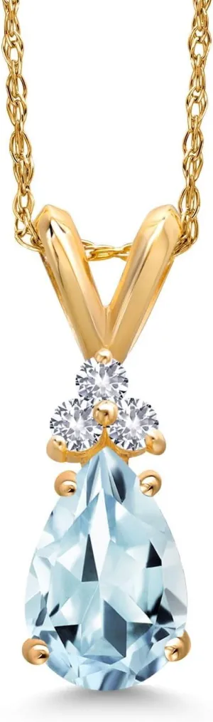Gem Stone King 14K Yellow Gold Sky Blue Aquamarine and White Created Sapphire Pendant Necklace for Women | 0.85 Cttw | Gemstone March Birthstone | Pear Shape 8X5MM | With 18 Inch Chain