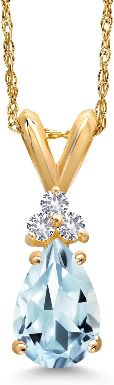 Gem Stone King 14K Yellow Gold Sky Blue Aquamarine and White Created Sapphire Pendant Necklace for Women | 0.85 Cttw | Gemstone March Birthstone | Pear Shape 8X5MM | With 18 Inch Chain