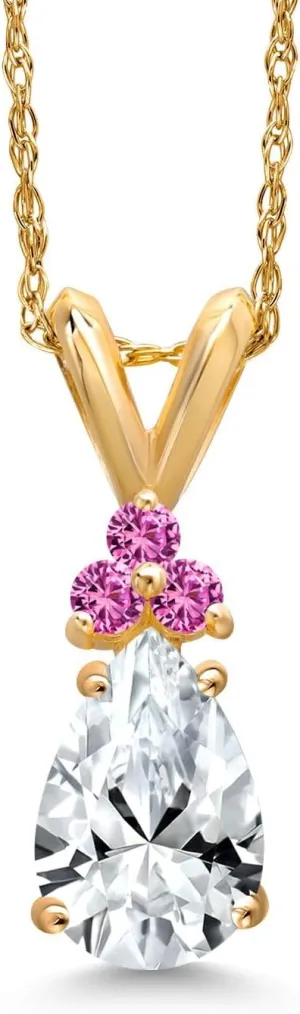 Gem Stone King 14K Yellow Gold White Created Sapphire and Pink Created Sapphire Pendant Necklace for Women | 1.17 Cttw | Gemstone September Birthstone | Pear Shape 8X5MM | With 18 Inch Chain