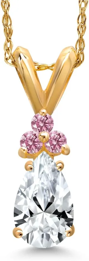 Gem Stone King 14K Yellow Gold White Created Sapphire and Pink Lab Grown Diamond Pendant Necklace for Women | 1.06 Cttw | Gemstone September Birthstone | Pear Shape 7X5MM | With 18 Inch Chain