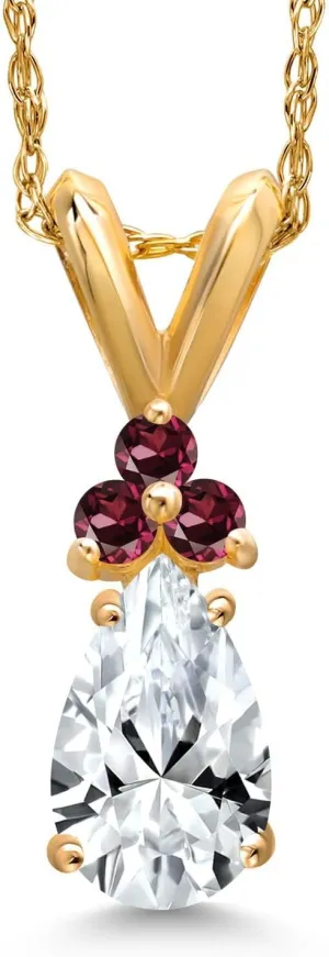 Gem Stone King 14K Yellow Gold White Created Sapphire and Red Rhodolite Garnet Pendant Necklace for Women | 1.11 Cttw | Gemstone September Birthstone | Pear Shape 7X5MM | With 18 Inch Chain