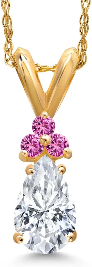 Gem Stone King 14K Yellow Gold White Moissanite and Pink Created Sapphire Pendant Necklace for Women | 0.73 Cttw | Gemstone Birthstone | Pear Shape 7X5MM | With 18 Inch Chain