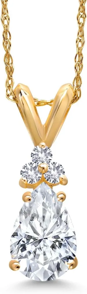 Gem Stone King 14K Yellow Gold White Moissanite and White Created Sapphire Pendant Necklace for Women | 1.09 Cttw | Gemstone Birthstone | Pear Shape 8X5MM | With 18 Inch Chain