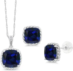 Gem Stone King 6.17 Ct Blue Created Sapphire White Diamond 10K White Gold Pendant and Earrings Jewelry Set