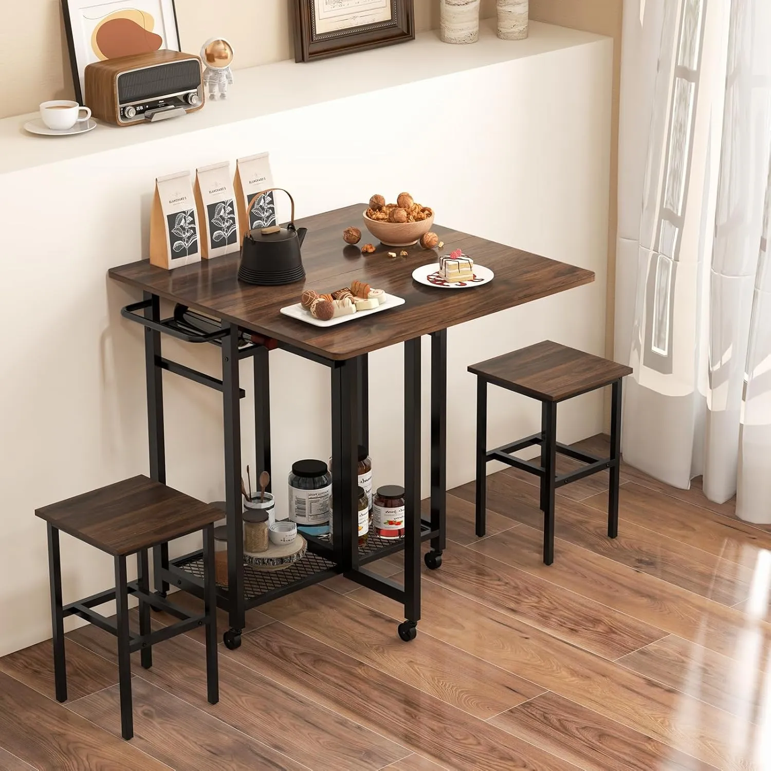 Giantex 3-Piece Foldable Dining Table Set, Extendable Dining Table & 2 Stools Set w/ 6-Bottle Wine Rack, Shelves & Side Pushing Handle, Space-Saving Kitchen Table Set for Small Space, Dining Room