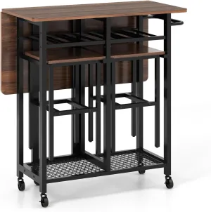 Giantex 3-Piece Foldable Dining Table Set, Extendable Dining Table & 2 Stools Set w/ 6-Bottle Wine Rack, Shelves & Side Pushing Handle, Space-Saving Kitchen Table Set for Small Space, Dining Room