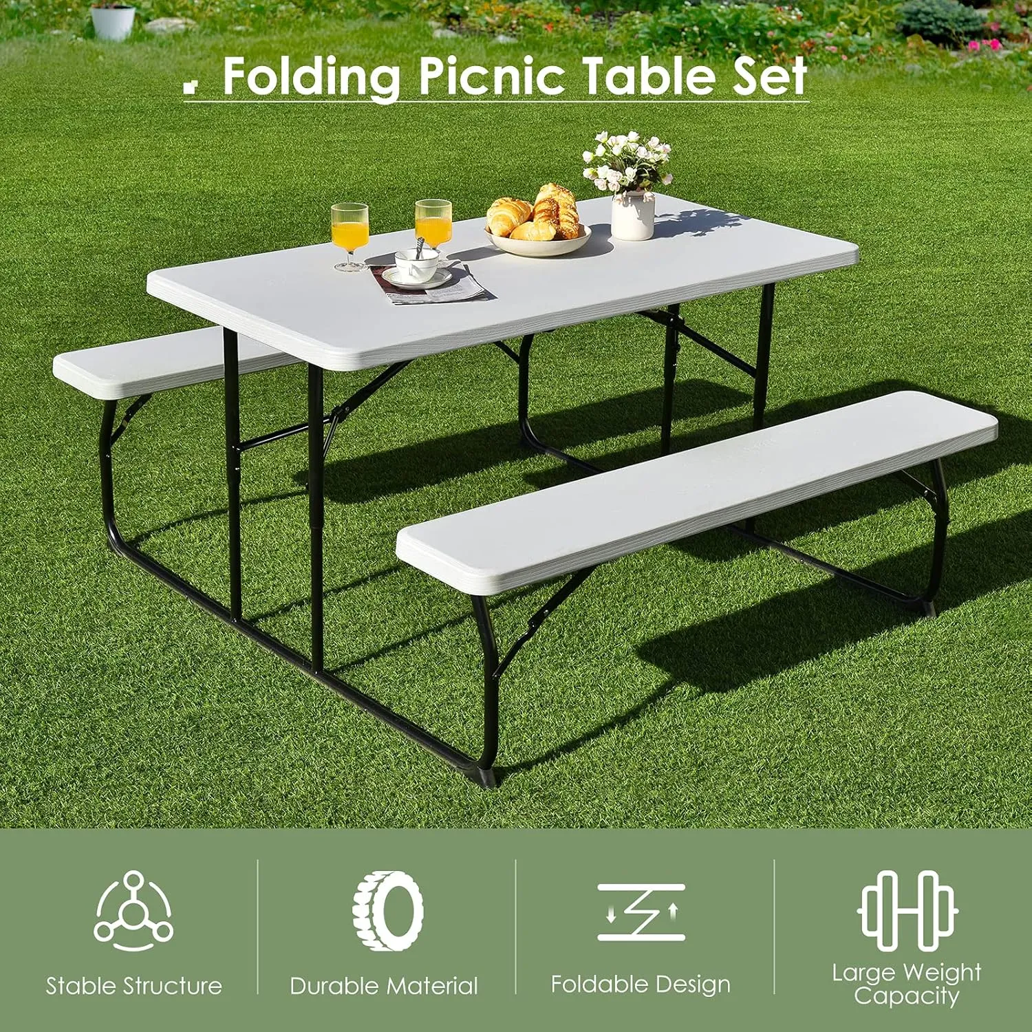 Giantex Folding Picnic Table Bench Set, Outdoor Dining Table Set, Large Camping Table for Patio Deck Lawn Garden Backyard Poolside, Portable Picnic Tables, Weather Resistant Metal Frame, White