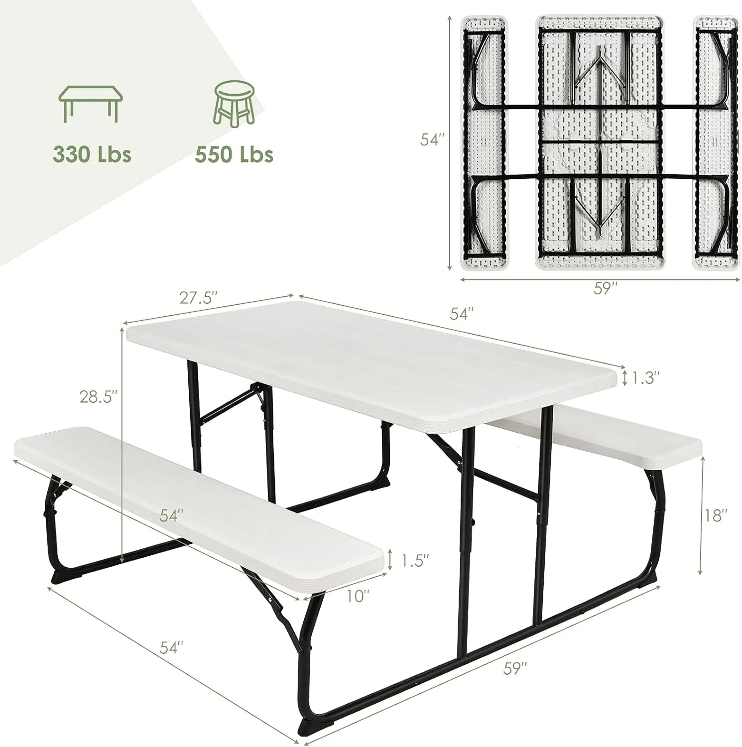 Giantex Folding Picnic Table Bench Set, Outdoor Dining Table Set, Large Camping Table for Patio Deck Lawn Garden Backyard Poolside, Portable Picnic Tables, Weather Resistant Metal Frame, White