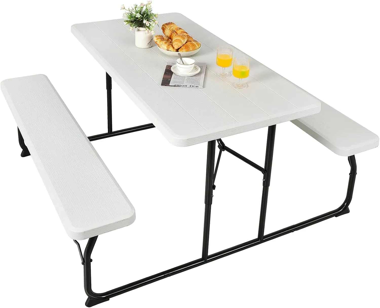 Giantex Folding Picnic Table Bench Set, Outdoor Dining Table Set, Large Camping Table for Patio Deck Lawn Garden Backyard Poolside, Portable Picnic Tables, Weather Resistant Metal Frame, White