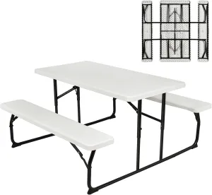 Giantex Folding Picnic Table Bench Set, Outdoor Dining Table Set, Large Camping Table for Patio Deck Lawn Garden Backyard Poolside, Portable Picnic Tables, Weather Resistant Metal Frame, White