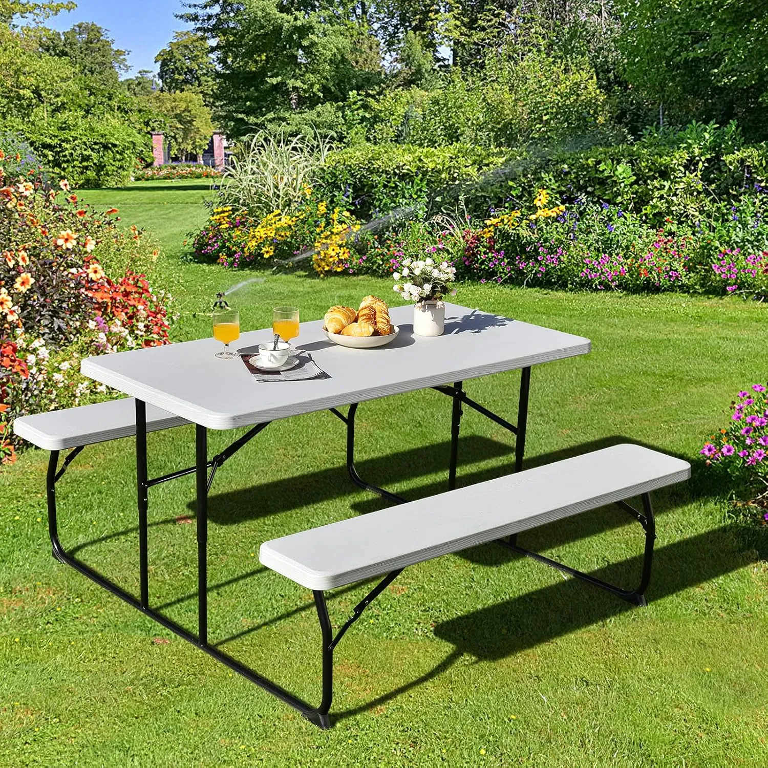 Giantex Folding Picnic Table Bench Set, Outdoor Dining Table Set, Large Camping Table for Patio Deck Lawn Garden Backyard Poolside, Portable Picnic Tables, Weather Resistant Metal Frame, White