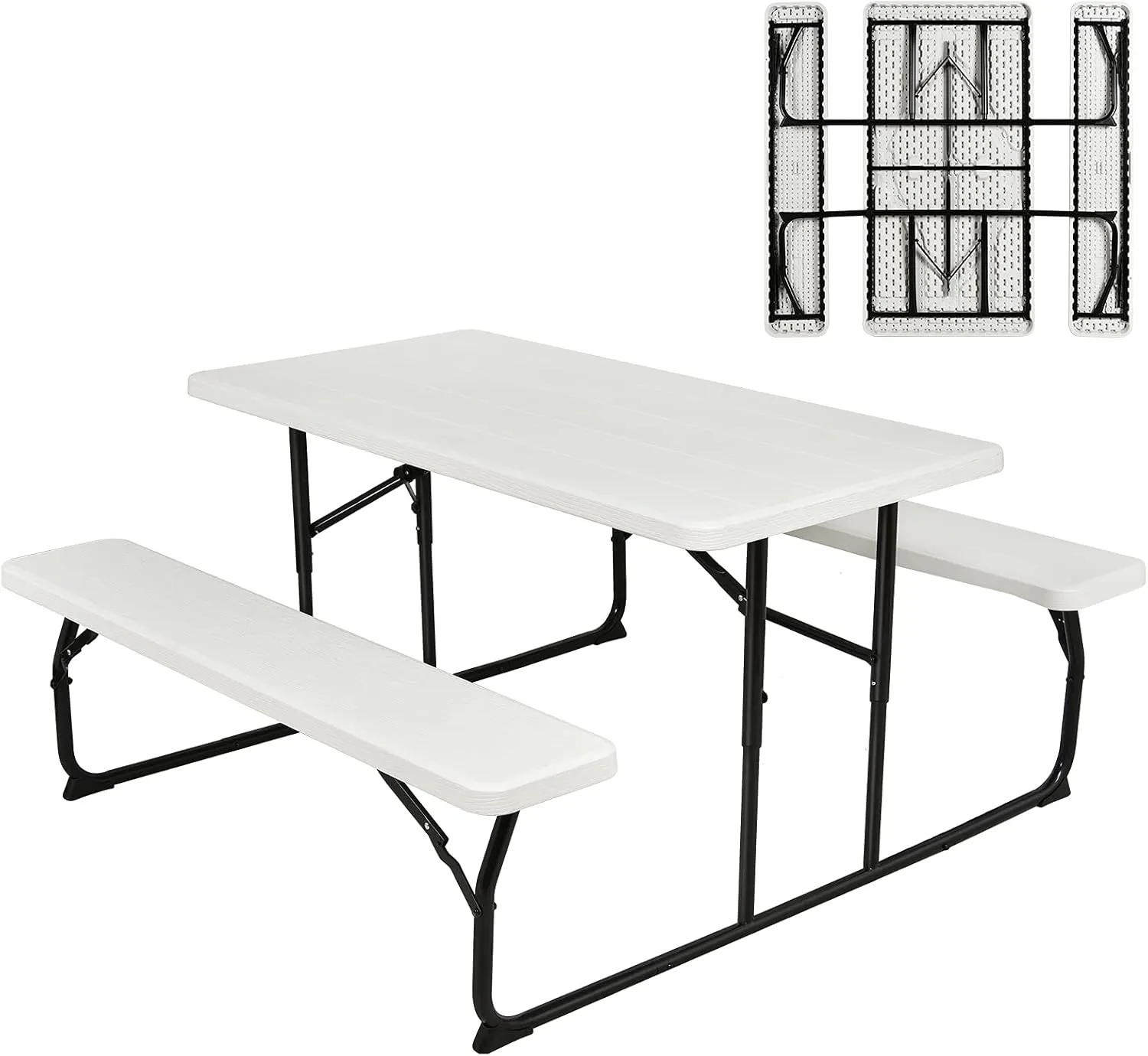 Giantex Folding Picnic Table Bench Set, Outdoor Dining Table Set, Large Camping Table for Patio Deck Lawn Garden Backyard Poolside, Portable Picnic Tables, Weather Resistant Metal Frame, White