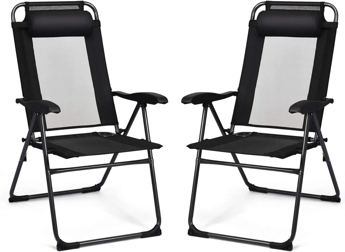 Giantex Set of 2 Patio Dining Chairs, Folding Lounge Chairs with 7 Level Adjustable Backrest, Headrest, 300 Lbs Capacity, Outdoor Portable Chairs with Metal Frame
