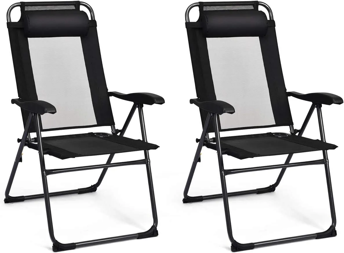 Giantex Set of 2 Patio Dining Chairs, Folding Lounge Chairs with 7 Level Adjustable Backrest, Headrest, 300 Lbs Capacity, Outdoor Portable Chairs with Metal Frame