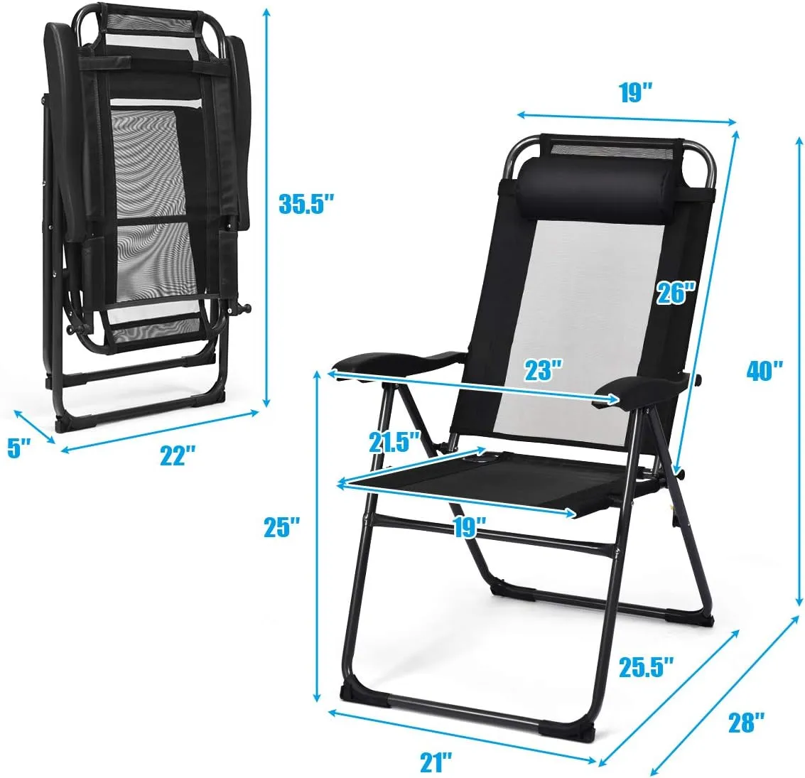 Giantex Set of 2 Patio Dining Chairs, Folding Lounge Chairs with 7 Level Adjustable Backrest, Headrest, 300 Lbs Capacity, Outdoor Portable Chairs with Metal Frame