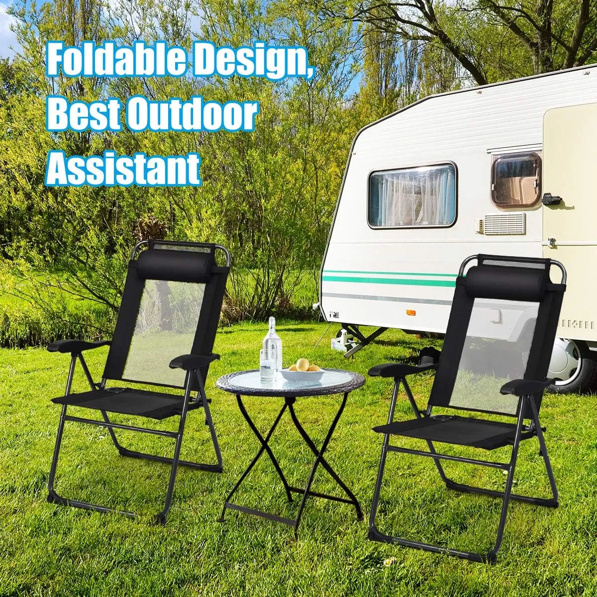 Giantex Set of 2 Patio Dining Chairs, Folding Lounge Chairs with 7 Level Adjustable Backrest, Headrest, 300 Lbs Capacity, Outdoor Portable Chairs with Metal Frame
