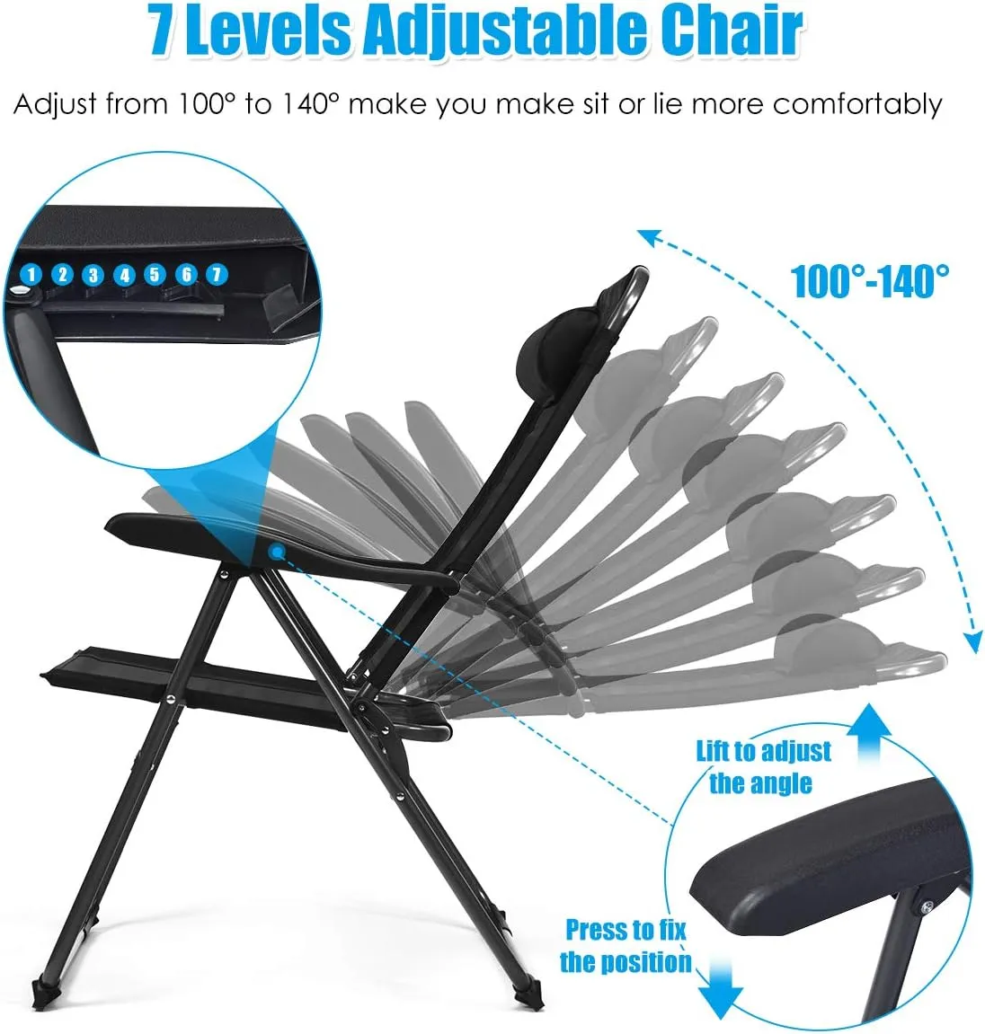 Giantex Set of 4 Patio Dining Chairs, Folding Lounge Chairs with 7 Level Adjustable Backrest, 300 Lbs Capacity, Outdoor Portable Chairs with Metal Frame