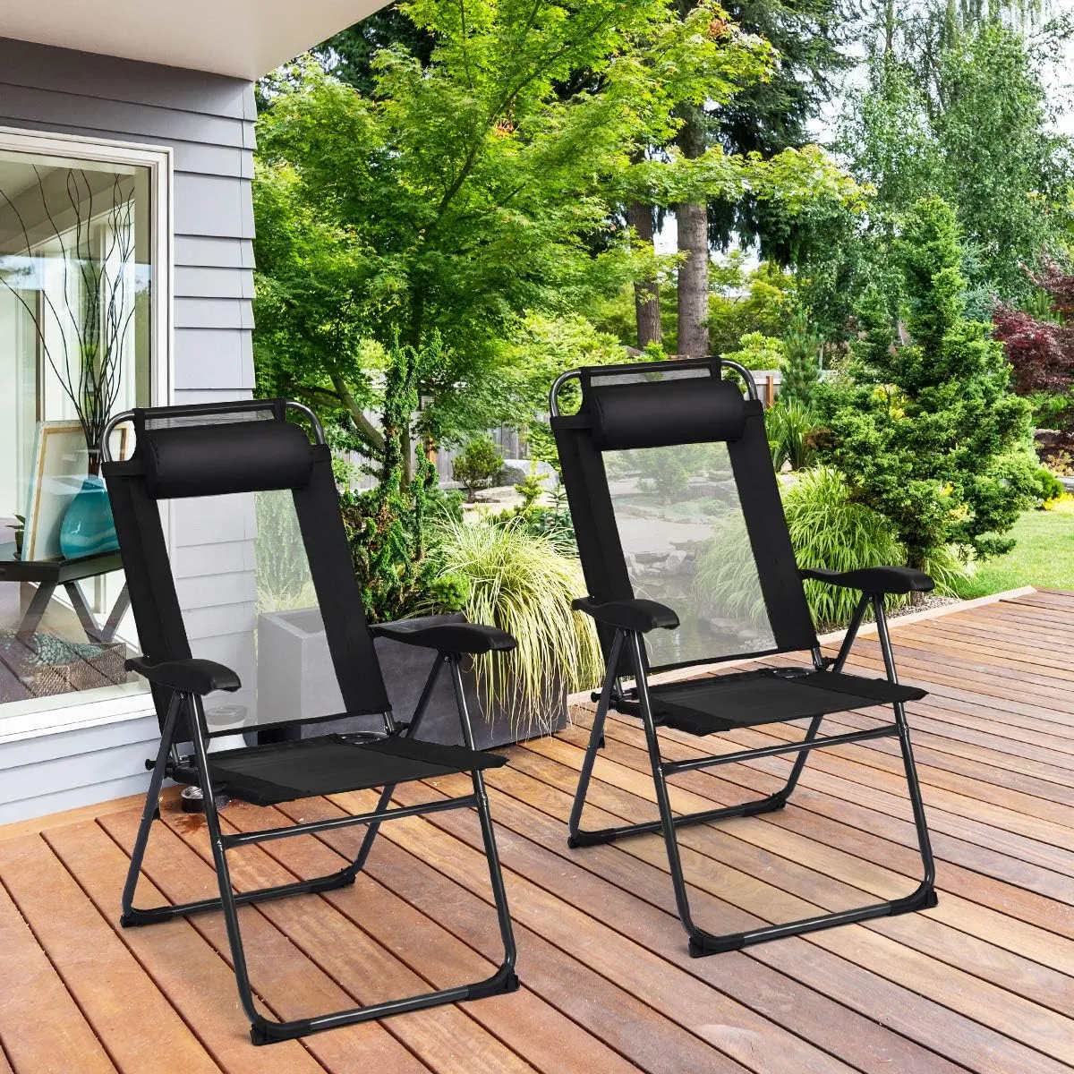 Giantex Set of 4 Patio Dining Chairs, Folding Lounge Chairs with 7 Level Adjustable Backrest, 300 Lbs Capacity, Outdoor Portable Chairs with Metal Frame