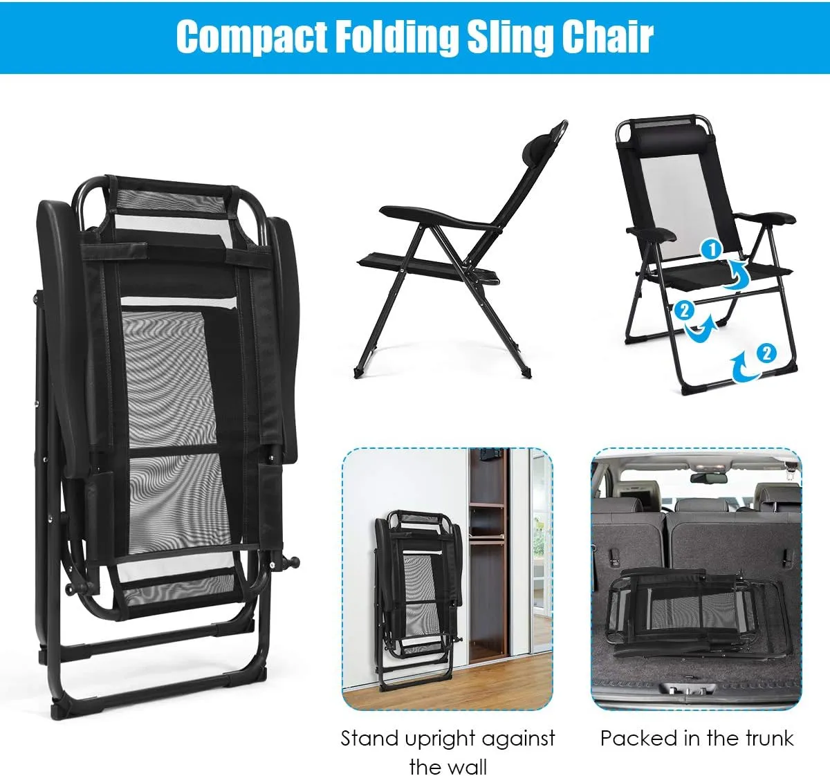 Giantex Set of 4 Patio Dining Chairs, Folding Lounge Chairs with 7 Level Adjustable Backrest, 300 Lbs Capacity, Outdoor Portable Chairs with Metal Frame