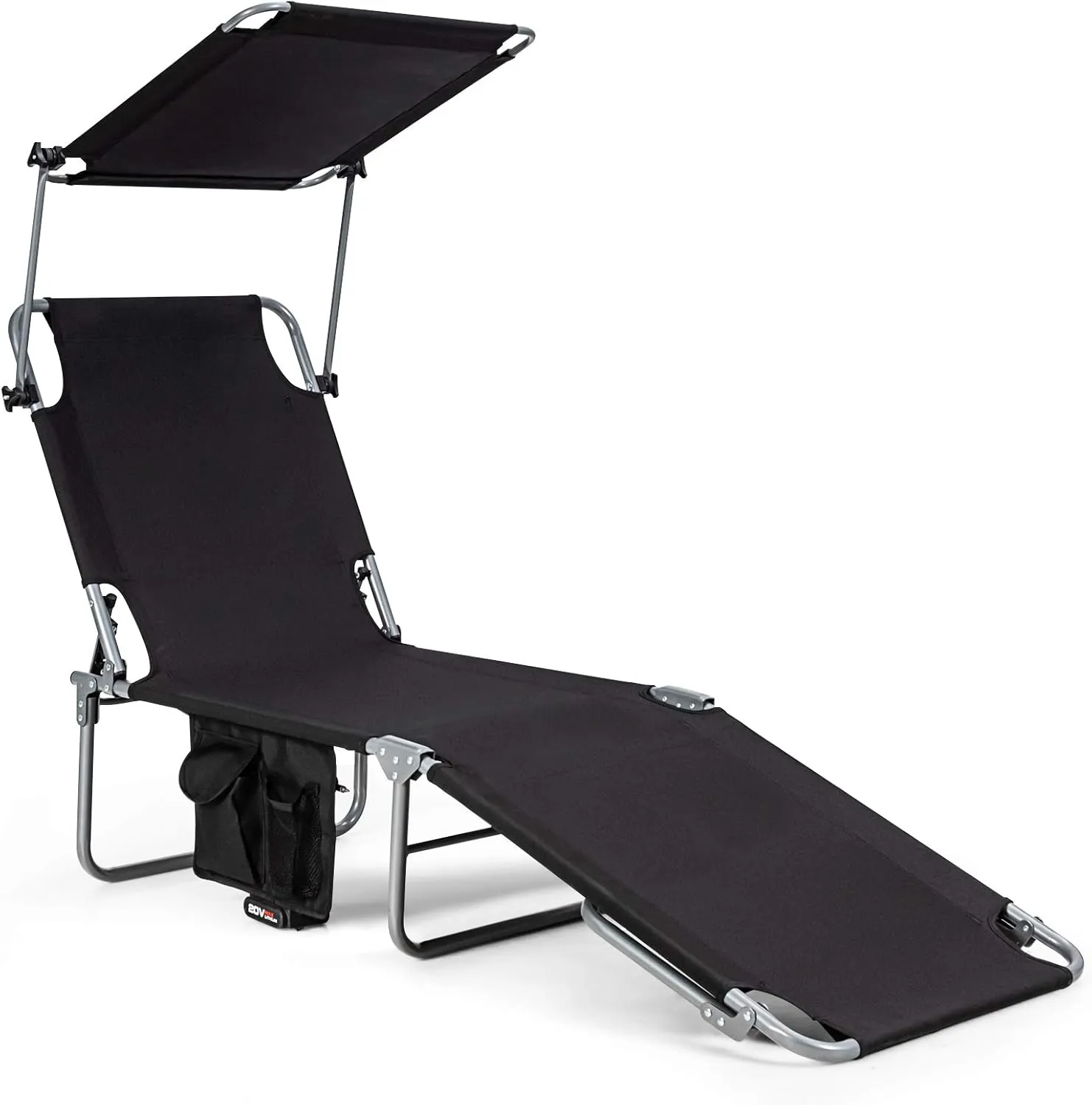 Giantex Tanning Chair, Patio Chaise Lounge Chair with 5 Adjustable Position, Shade Canopy, Storage Pocket, Camping Cot, Outdoor Sunbathing Recliner for Poolside, Lawn Folding Beach Chairs(1, Black)