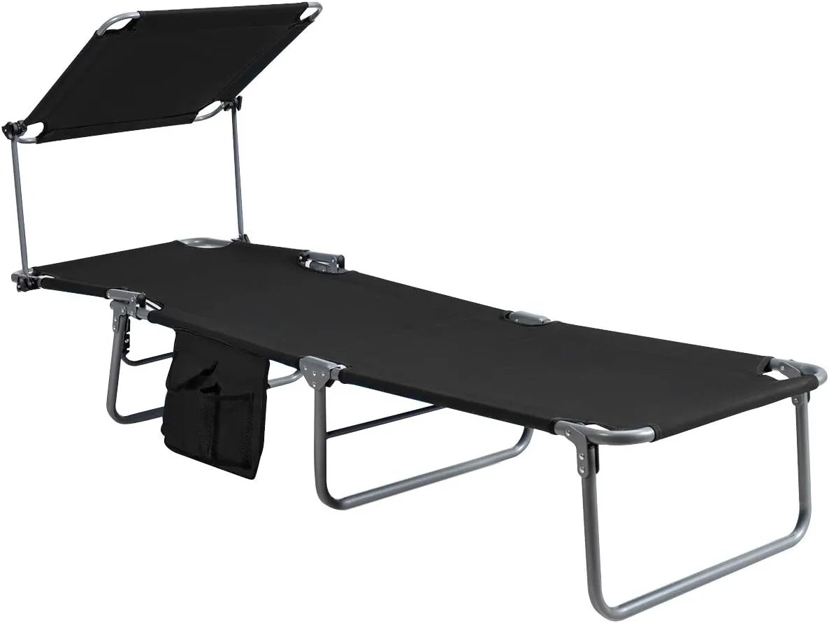 Giantex Tanning Chair, Patio Chaise Lounge Chair with 5 Adjustable Position, Shade Canopy, Storage Pocket, Camping Cot, Outdoor Sunbathing Recliner for Poolside, Lawn Folding Beach Chairs(1, Black)