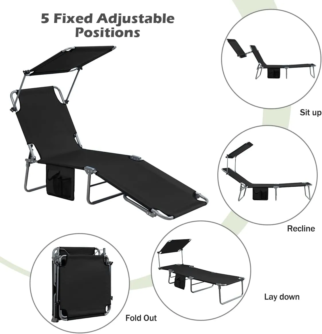 Giantex Tanning Chair, Patio Chaise Lounge Chair with 5 Adjustable Position, Shade Canopy, Storage Pocket, Camping Cot, Outdoor Sunbathing Recliner for Poolside, Lawn Folding Beach Chairs(1, Black)