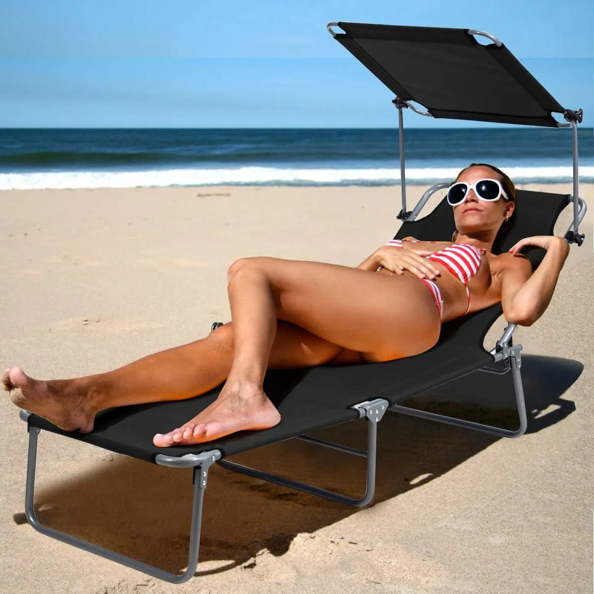 Giantex Tanning Chair, Patio Chaise Lounge Chair with 5 Adjustable Position, Shade Canopy, Storage Pocket, Camping Cot, Outdoor Sunbathing Recliner for Poolside, Lawn Folding Beach Chairs(1, Black)