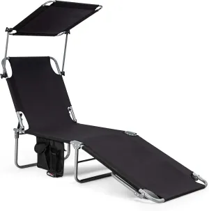 Giantex Tanning Chair, Patio Chaise Lounge Chair with 5 Adjustable Position, Shade Canopy, Storage Pocket, Camping Cot, Outdoor Sunbathing Recliner for Poolside, Lawn Folding Beach Chairs(1, Black)