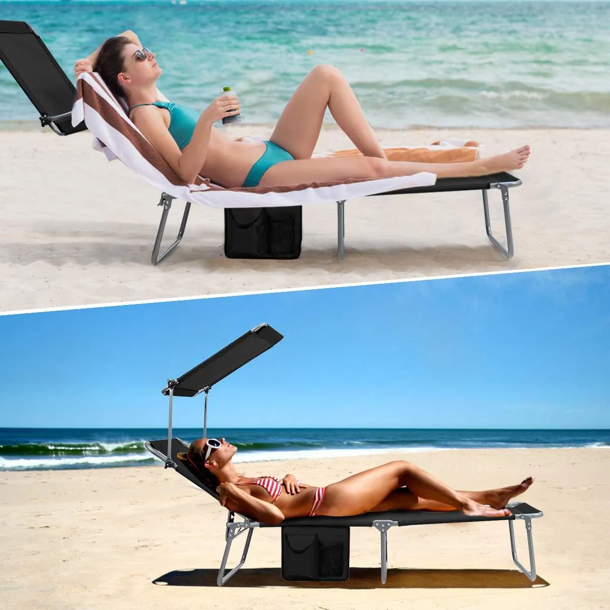 Giantex Tanning Chair, Patio Chaise Lounge Chair with 5 Adjustable Position, Shade Canopy, Storage Pocket, Camping Cot, Outdoor Sunbathing Recliner for Poolside, Lawn Folding Beach Chairs(1, Black)
