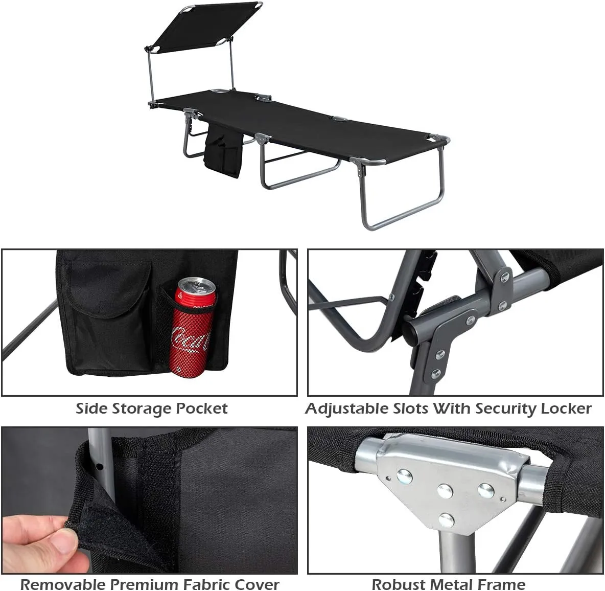 Giantex Tanning Chair, Patio Chaise Lounge Chair with 5 Adjustable Position, Shade Canopy, Storage Pocket, Camping Cot, Outdoor Sunbathing Recliner for Poolside, Lawn Folding Beach Chairs(1, Black)